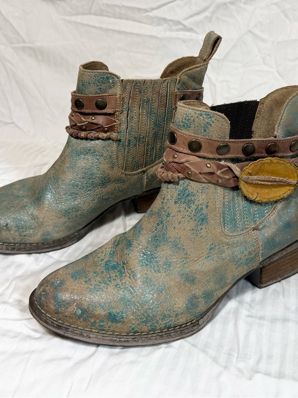 Circle G Teal Distressed Leather Ankle Booties with Braided Strap and Studs